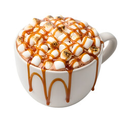 Delicious Hot Chocolate Topped with Marshmallows and Caramel Drizzle.