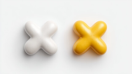 Obraz premium Two 3D cross marks, soft and distinct, representing denial or error, in white and yellow on a white background.