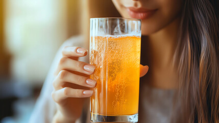 Sparkling vitamin drink in clear glass, woman about to sip, energy and vitality concept