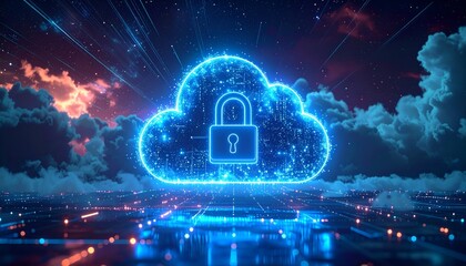 Fototapeta premium Futuristic digital cloud with a lock symbol representing secure data storage in a vibrant cosmic landscape