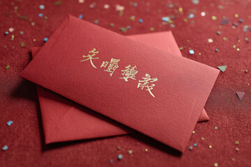 Red envelopes with gold calligraphy on sparkling red background