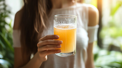 Woman holding a sparkling glass of vitamin drink, energy boost and healthy hydration concept