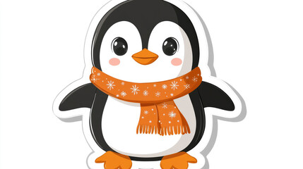 A sticker of a cute Christmas penguin wearing a scarf, isolated on white background