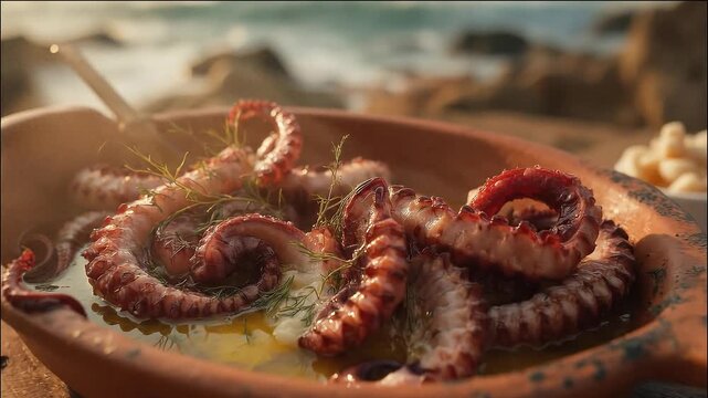 Freshly cooked octopus tentacles served in a rustic clay dish with herbs and oil, set on a wooden table by the sea with a bowl of side dish in soft natural daylight