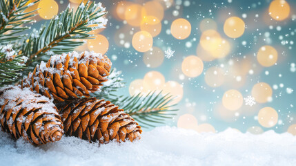 Christmas snowy winter holiday celebration greeting card banner panorama - Closeup of pine branch with pine cones and snow, defocused blurred background with nite sky and bokeh lights and snowflake,