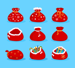 Set of red bag with santa claus gifts