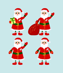 Cute cartoon Santa Claus set with a gifts in hands New Year and Christmas picture for children