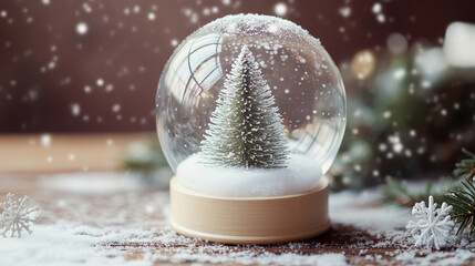 Delicate Christmas tree inside a snow globe , winter wonderland, snowflakes, mini tree
