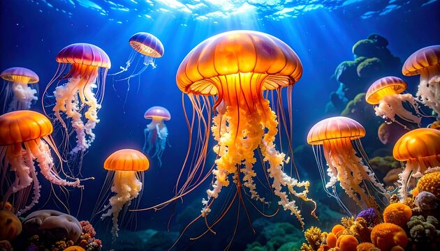 A mesmerizing underwater scene featuring vibrant jellyfish in a deep blue ocean