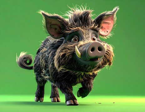 Cartoonish, furry boar with a friendly expression on a green background