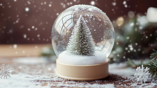 Delicate Christmas tree inside a snow globe , winter wonderland, snowflakes, mini tree