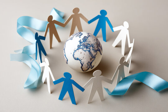 Unity and diversity symbolized by paper figures around earth globe