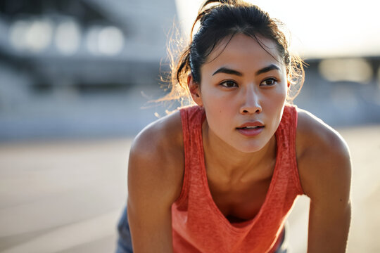 Determined young asian female athlete in orange tank top prepares for fitness challenge