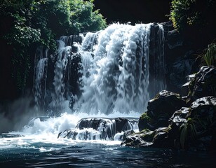 Cascading waterfall with misty spray, surrounded by lush green foliage