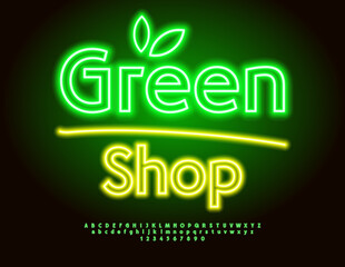 Naklejka premium Vector Electric signboard Green Store. Green Glowing Font. Neon Alphabet Letters and Numbers set.
