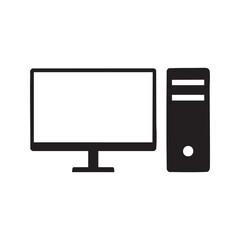 Desktop computer icon with monitor and tower, PC silhouette vector symbol, isolated on white background