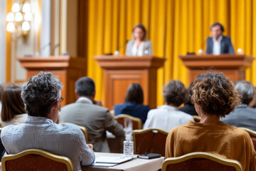 Conference with female and male speakers on stage in front of audience