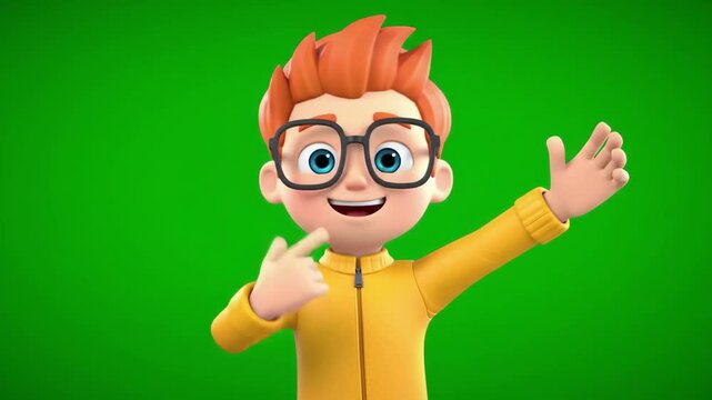 3D Animated Boy Character Waving and Pointing on Green Screen.