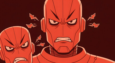 Two enraged red cyborgs with furious expressions symbolizing technological frustration and system overload