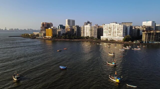 Aerial view of the Mumbai skyline featuring high-rise buildings in South Mumbai, Maharashtra, India. A cinematic shot capturing the stunning cityscape of Mumbai&rsquo;s iconic financial district.