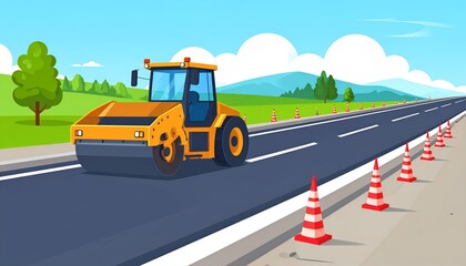 A vibrant construction scene featuring a road roller paving a highway amidst a scenic landscape