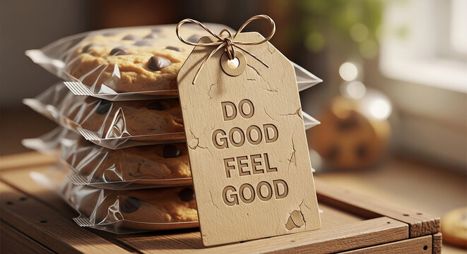 Do good feel good, fresh cookies promoting kindness and well being, stacked on rustic wood tray. The concept do good feel good is highlighted by tag on pile of treats, encouraging positivity.