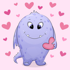 Cute cartoon Monster with hearts. Vector illustration of animal on pink background with hearts.