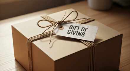 Presenting gift of giving with kraft paper box and tag tied with jute string. Gift of giving embodies thoughtfulness and joy, creating a memorable experience.