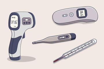 Thermometer Collection Illustration Featuring Infrared, Digital, and Mercury Thermometers for Measuring Human Body Temperature in Healthcare and Medical Use