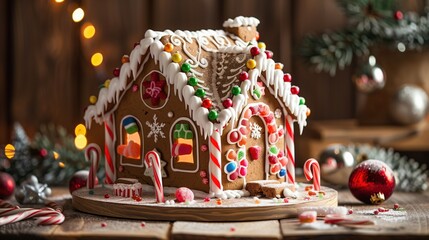 Fototapeta premium Elaborate gingerbread house, intricate white royal icing details, colorful candy decorations, gumdrop roof tiles, candy cane columns, peppermint swirls, shot on wooden rustic table,