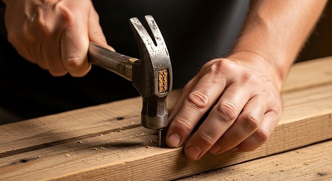 Close-up capturing the intricate process of hammering a nail into wood revealing meticulous craftsmanship and robust