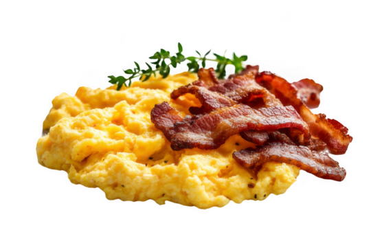 Delicious scrambled egg served with crispy bacon and fresh herbs, perfect for a hearty breakfast or brunch.