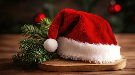santa claus hat on wooden board