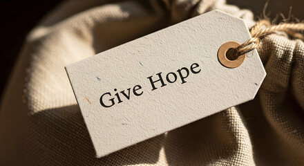Give hope tag attached to fabric bag symbolizes positive encouragement and a message of inspiration. Give hope through gentle reminders that support emotional well being.