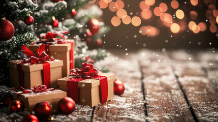 Gift boxes, present boxes,Christmas tree and balls, n a wooden table on a snowy background of festive bokeh. Christmas greeting card.