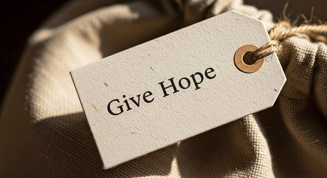 Give hope tag attached to fabric bag symbolizes positive encouragement and a message of inspiration. Give hope through gentle reminders that support emotional well being.