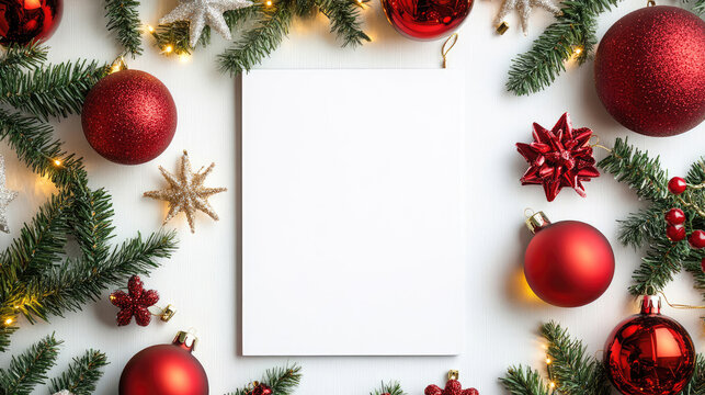 blank notepad surrounded by christmas decorations