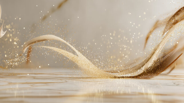 Elegant golden waves with sparkling particles in motion