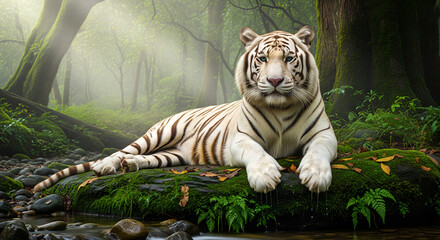 Rare White Tiger Resting by Stream in Lush Green Forest
