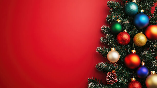 Christmas tree with colorful ornaments on red background