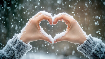 Winter Heart Gesture: Two hands form a heart shape against a backdrop of falling snow, a symbol of love, warmth, and affection in the serene winter landscape.