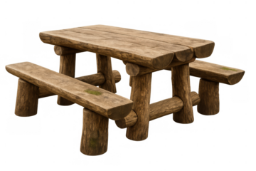 Rustic wooden picnic table with attached benches, rough hewn timber furniture for outdoor park and backyard settings