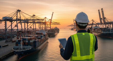 Port worker with tablet overseeing container ships at sunset