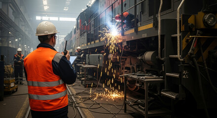 Workers welding and maintaining a train in an industrial workshop