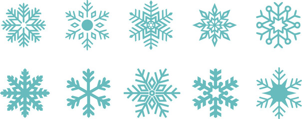 Blue snowflake icon set with geometric winter crystal patterns, elegant frozen ice flake designs for Christmas, holiday decoration, seasonal graphic, and cold weather illustration.