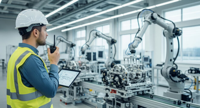 Engineer Using Walkie-Talkie and Tablet in Industrial Factory