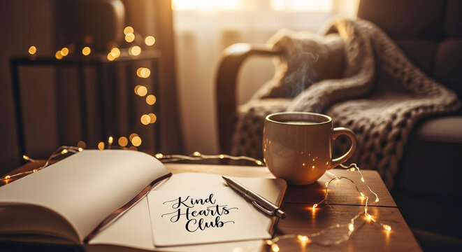 Kind Hearts Club note with warm drink and soft lights for cozy feeling. Kind Hearts Club concept with inviting setting showing message, steaming mug, and open book.