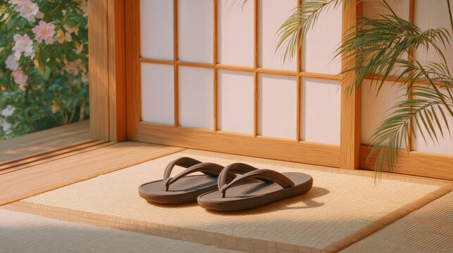 Zori sandals resting on a tatami mat by shoji screen