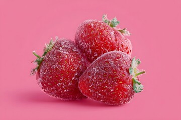 Stock photo of fresh strawberries with sugar on pink background food photography images