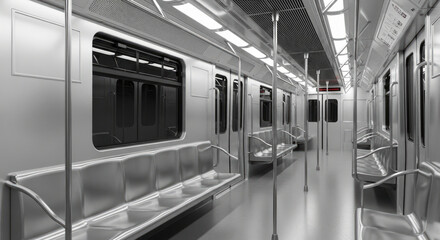 Empty modern subway carriage with empty seats and metallic interior